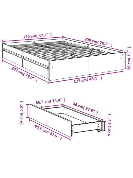 Sängynrunko laatikoilla betoninharmaa 120x200 cm tekninen puu