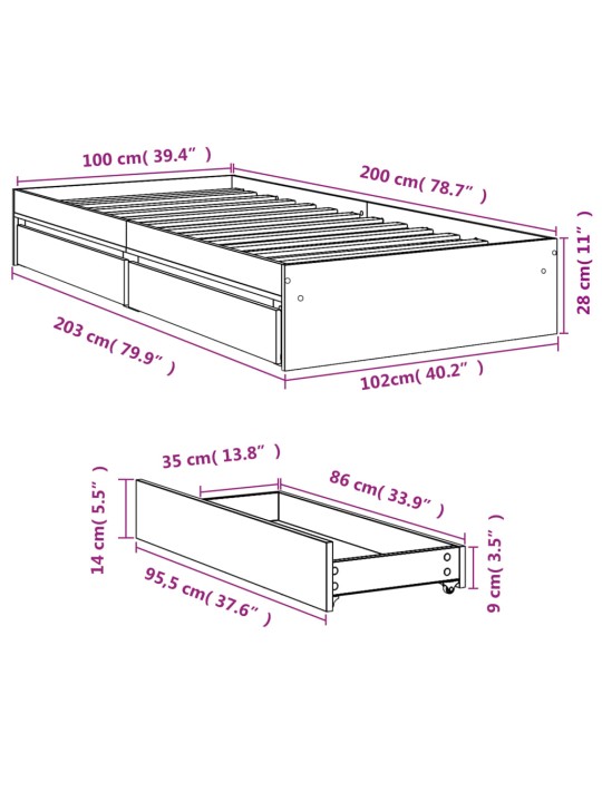 Sängynrunko laatikoilla musta 100x200 cm tekninen puu