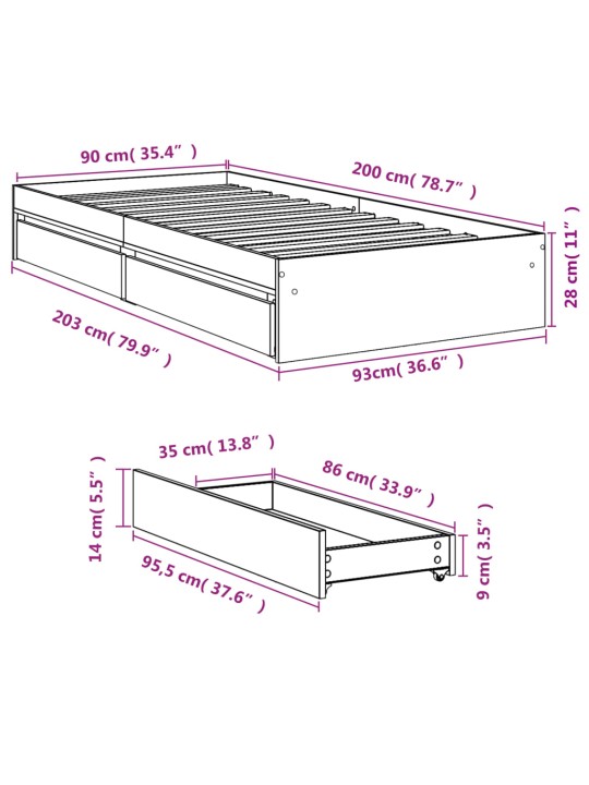 Sängynrunko laatikoilla musta 90x200 cm täysi puu