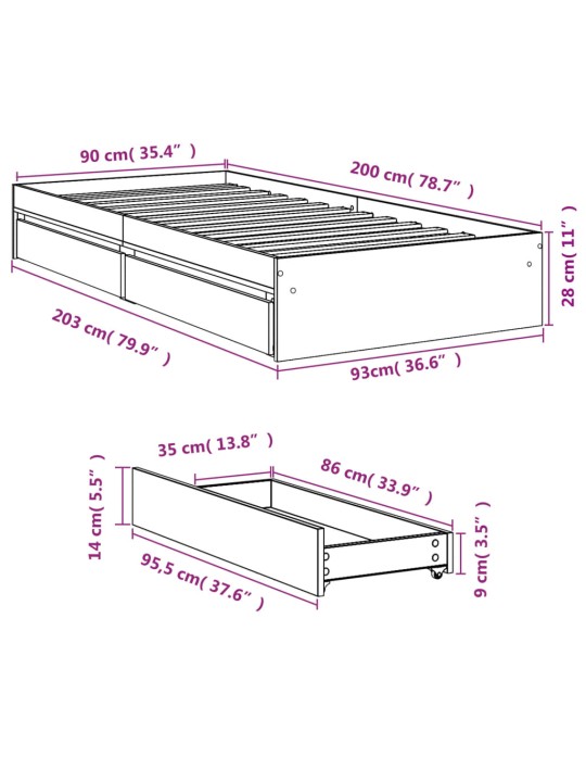 Sängynrunko laatikoilla betoninharmaa 90x200 cm tekninen puu