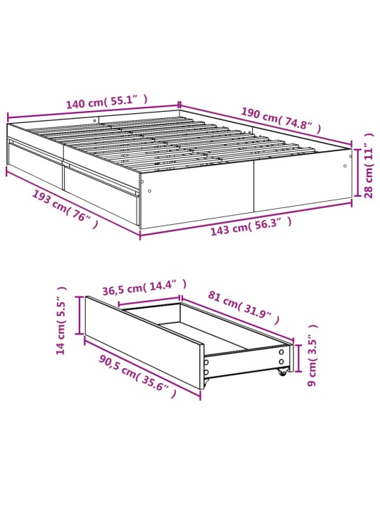 Sängynrunko laatikoilla harmaa Sonoma 140x190 cm tekninen puu