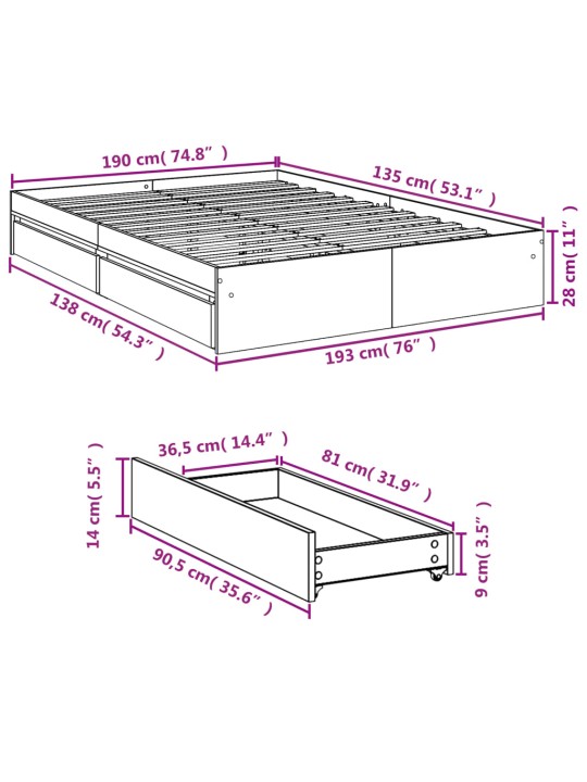 Sängynrunko laatikoilla betoninharmaa 135x190 cm tekninen puu