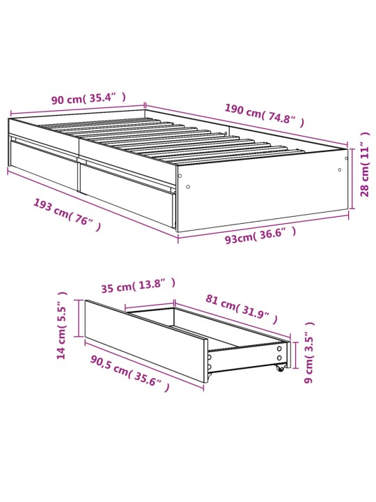 Sängynrunko laatikoilla musta 90x190 cm tekninen puu