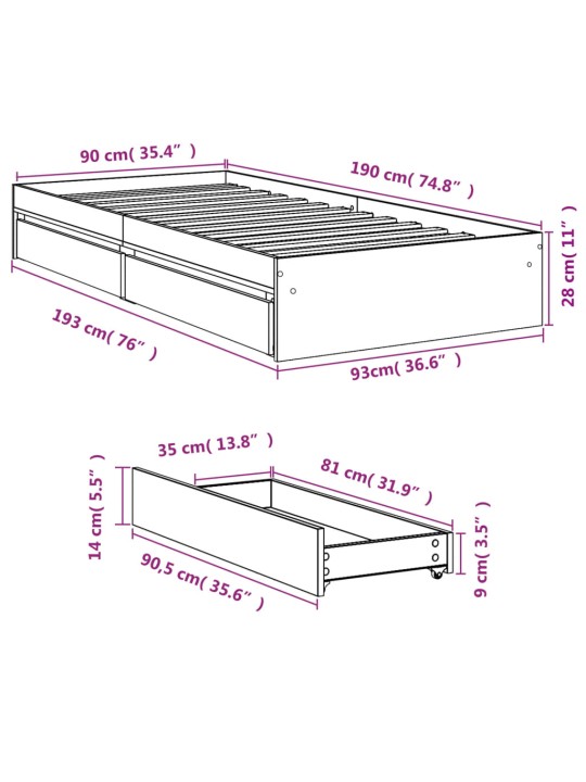 Sängynrunko laatikoilla betoninharmaa 90x190 cm tekninen puu