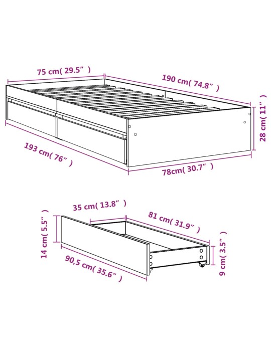 Sängynrunko laatikoilla musta 75x190 cm tekninen puu