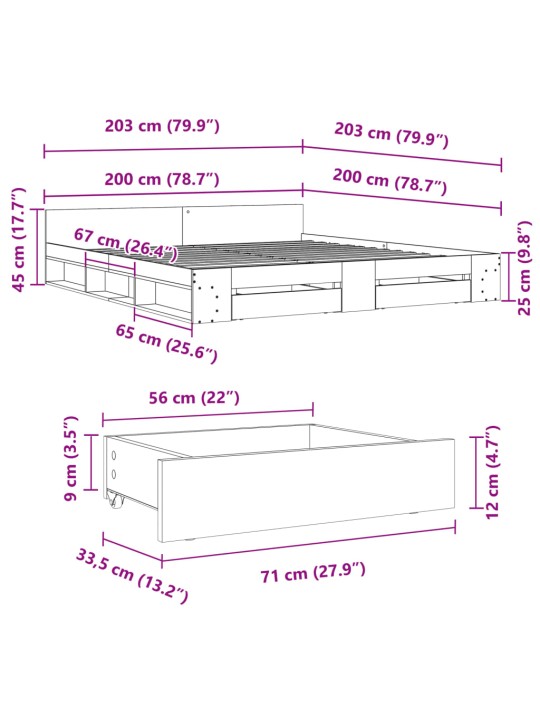 Sängynrunko laatikoilla Sonoma-tammi 200x200 cm tekninen puu