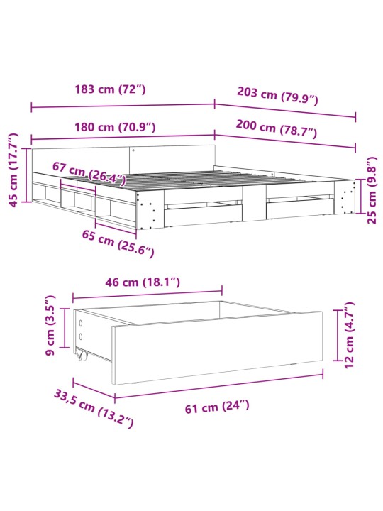 Sängynrunko laatikoilla betoninharmaa 180x200 cm tekninen puu