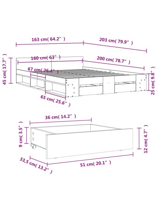 Sängynrunko laatikoilla betoninharmaa 160x200 cm tekninen puu