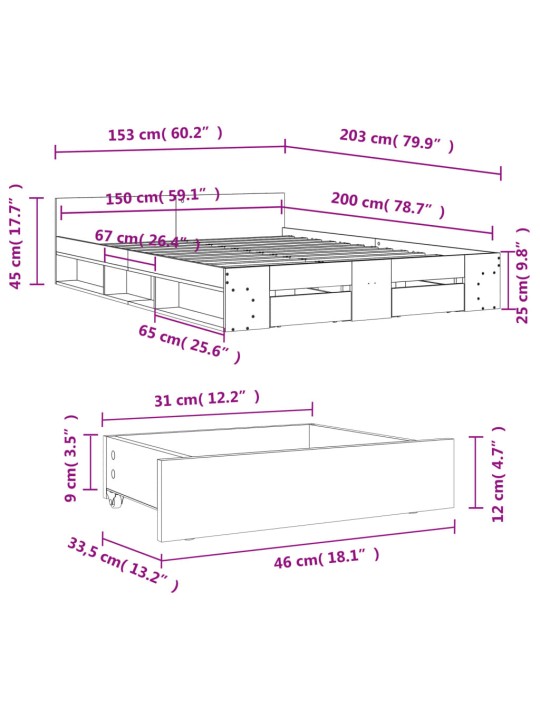 Sängynrunko laatikoilla betoninharmaa 150x200 cm tekninen puu