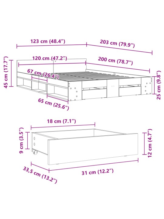 Sängynrunko laatikoilla valkoinen 120x200 cm tekninen puu