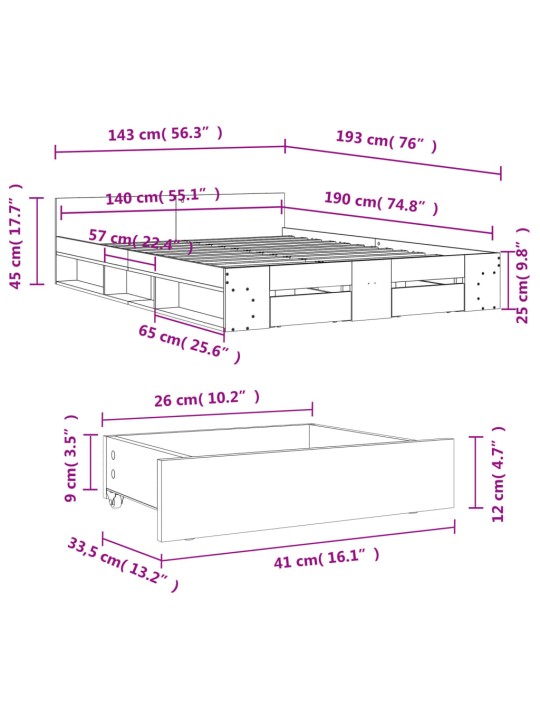 Sängynrunko laatikoilla betoninharmaa 140x190 cm tekninen puu