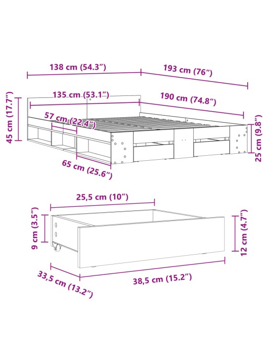 Sängynrunko laatikoilla betoninharmaa 135x190 cm tekninen puu