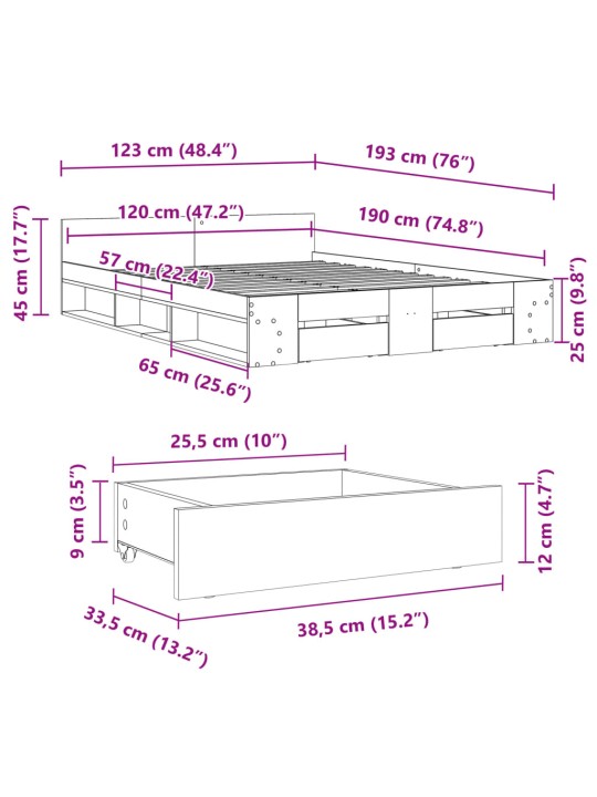 Sängynrunko laatikoilla betoninharmaa 120x190 cm tekninen puu