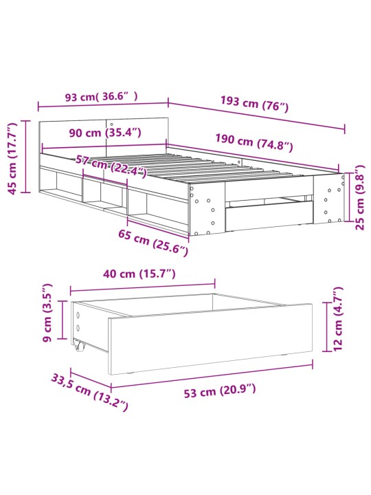 Sängynrunko laatikolla musta 90x190 cm tekninen puu