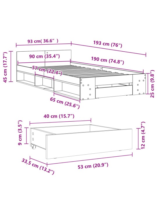 Sängynrunko laatikolla betoninharmaa 90x190 cm tekninen puu