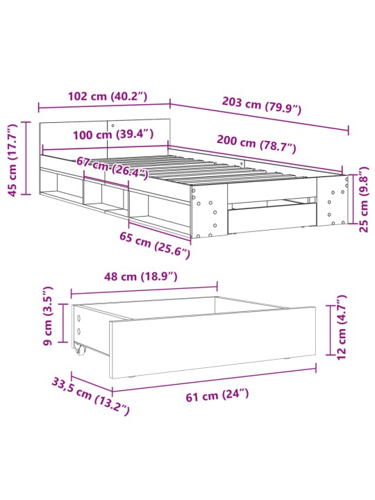 Sängynrunko laatikolla musta 100x200 cm tekninen puu