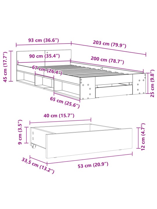 Sängynrunko laatikolla valkoinen 90x200 cm tekninen puu