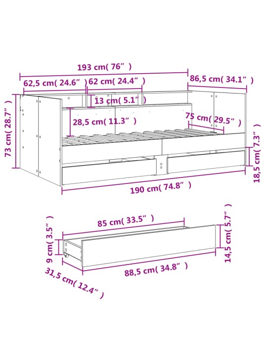 Vuodesohva laatikoilla ei patjaa musta 75x190 cm