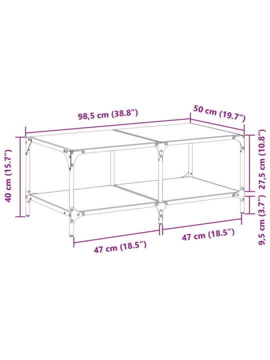 Sohvapöytä läpinäkyvä lasinen pöytälevy 98,5x50x40 cm teräs