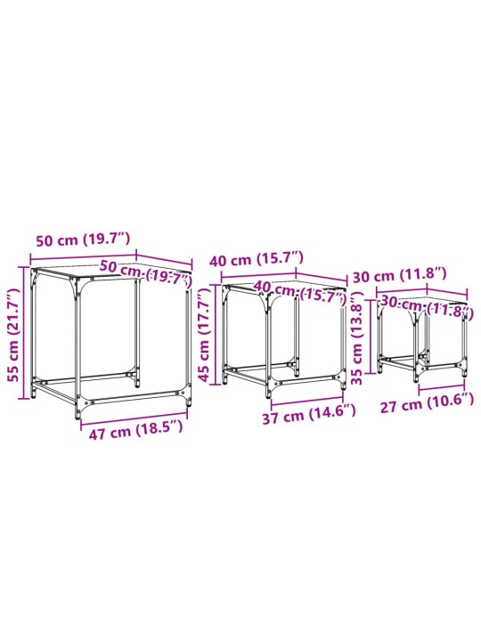 Sarjasohvapöydät 3 kpl läpinäkyvä lasinen pöytälevy teräs