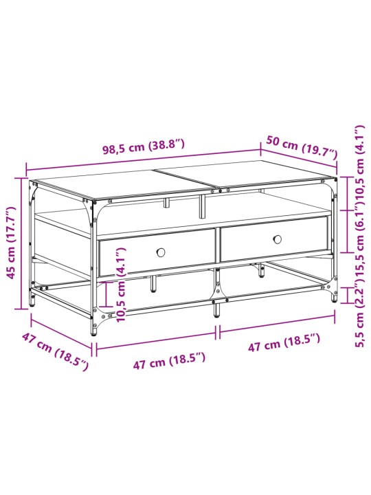 Sohvapöytä lasinen pöytälevy savutammi 98,5x50x45 cm teräs