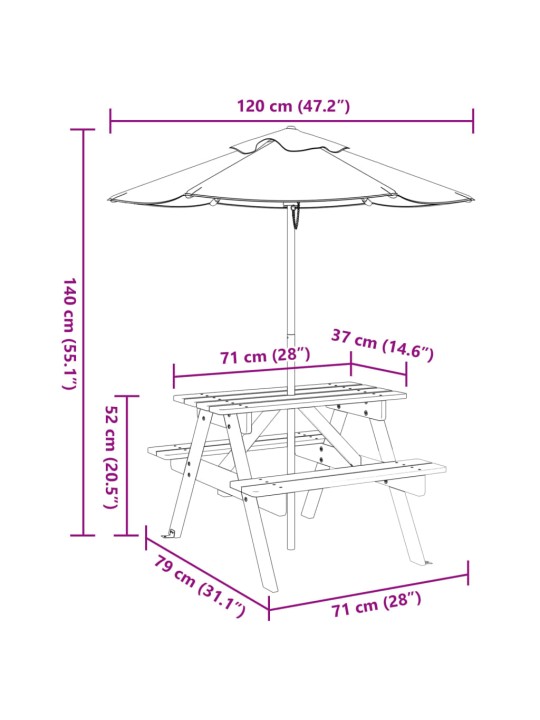 Lasten piknikpöytä 4 lapselle aurinkovarjolla täysi kuusi
