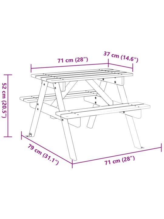Lasten piknikpöytä 4 lapselle aurinkovarjoreikä täysi kuusi