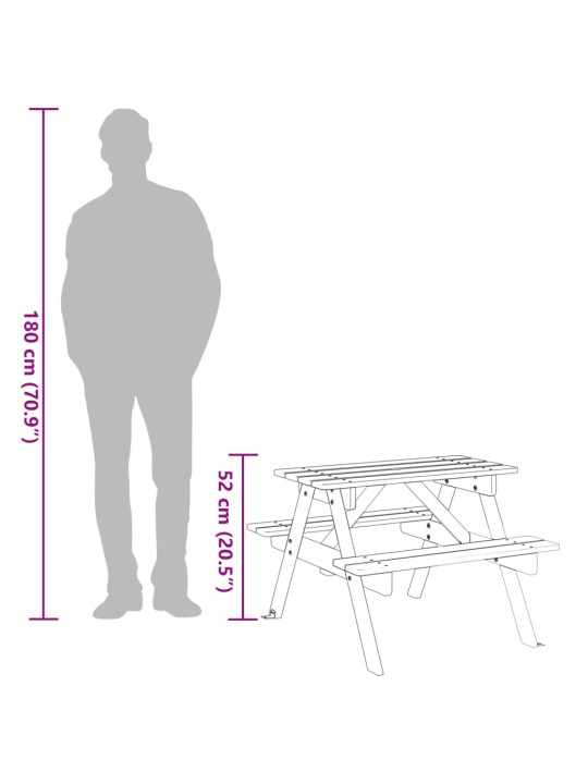 Lasten piknikpöytä 4 lapselle aurinkovarjoreikä täysi kuusi
