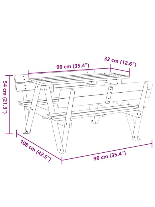 Lasten piknikpöytä 4 lapselle aurinkovarjoreikä täysi kuusi