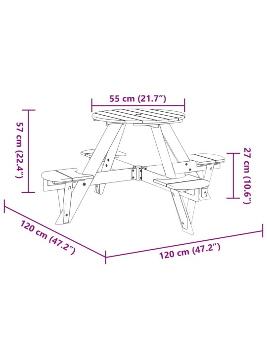 Lasten piknikpöytä 4 lapselle aurinkovarjoreiällä täysi kuusi
