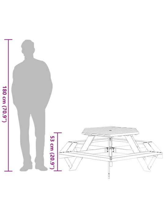 Lasten piknikpöytä penkeillä 6 lapselle kuusikulmio täysi kuusi