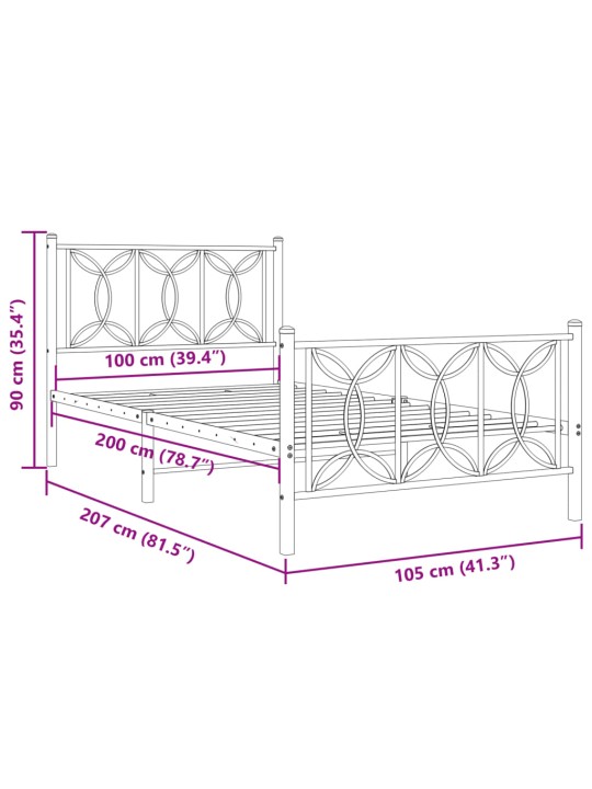 Metallinen sängynrunko päädyillä musta 100x200 cm