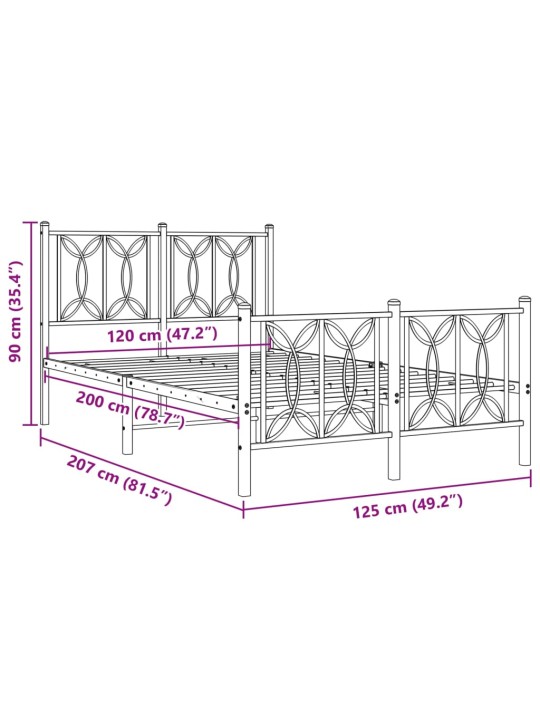 Metallinen sängynrunko päädyillä musta 120x200 cm