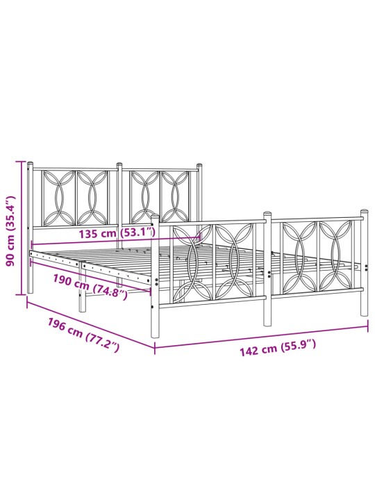 Metallinen sängynrunko päädyillä musta 135x190 cm