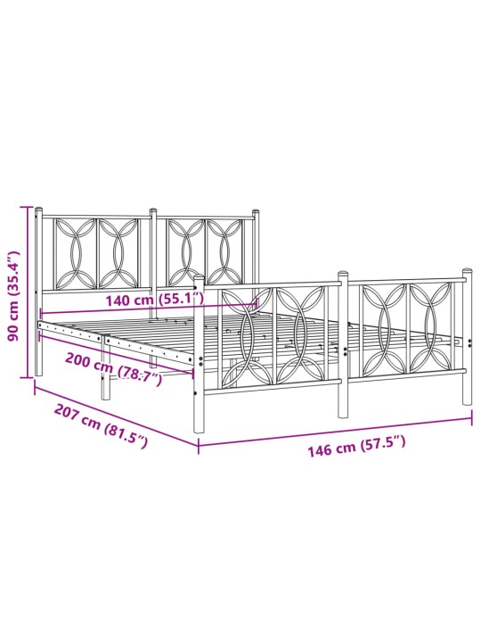 Metallinen sängynrunko päädyillä musta 140x200 cm