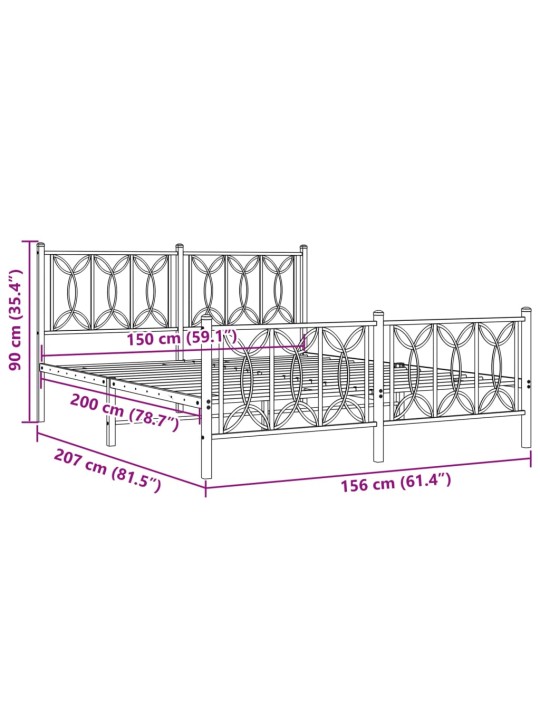 Metallinen sängynrunko päädyillä musta 150x200 cm