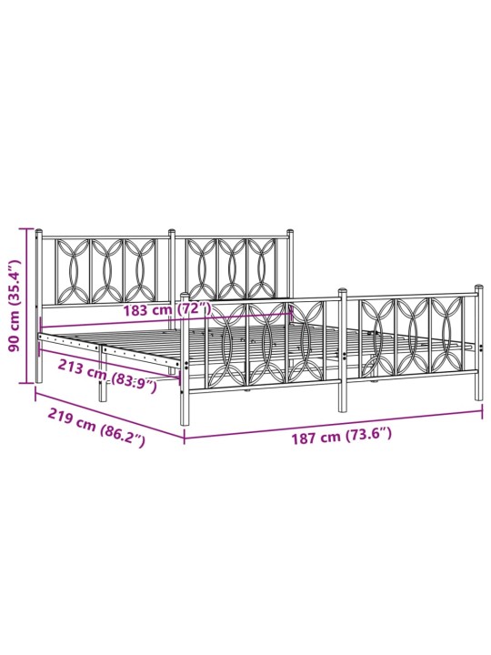 Metallinen sängynrunko päädyillä musta 183x213 cm