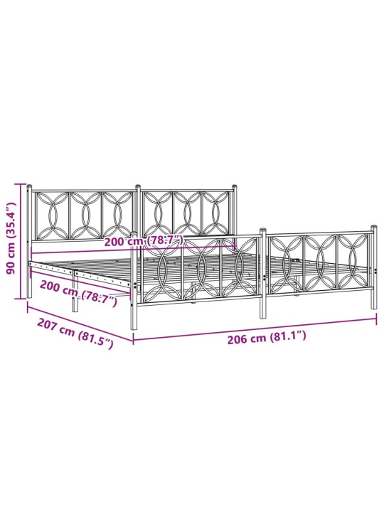 Metallinen sängynrunko päädyillä musta 200x200 cm
