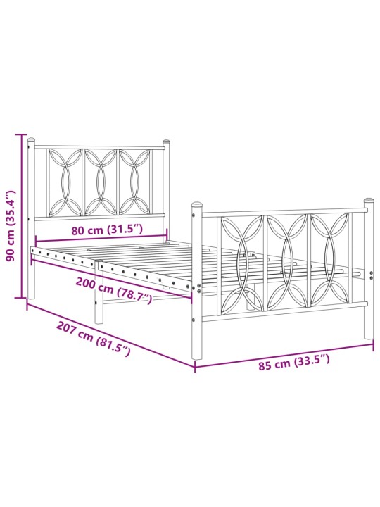 Metallinen sängynrunko päädyillä valkoinen 80x200 cm
