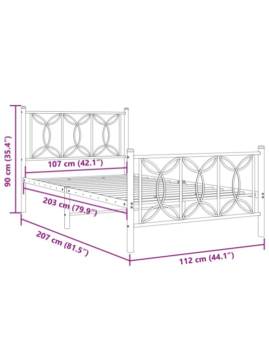 Metallinen sängynrunko päädyillä valkoinen 107x203 cm
