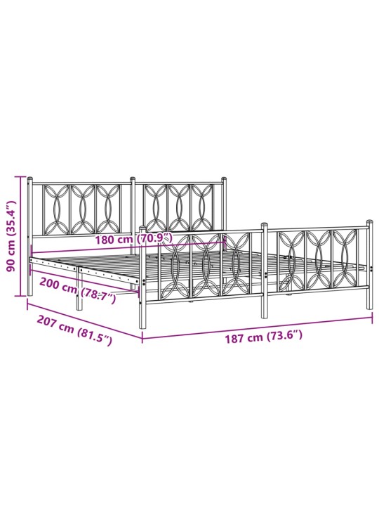 Metallinen sängynrunko päädyillä valkoinen 180x200 cm