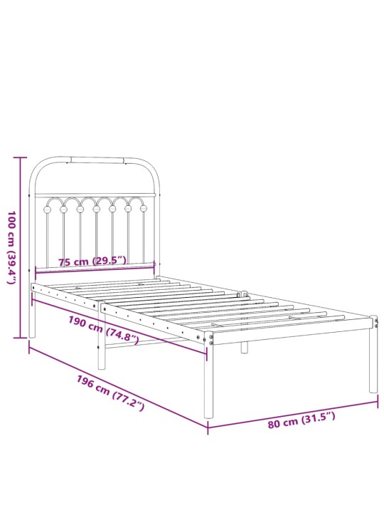 Metallinen sängynrunko päädyllä musta 75x190 cm