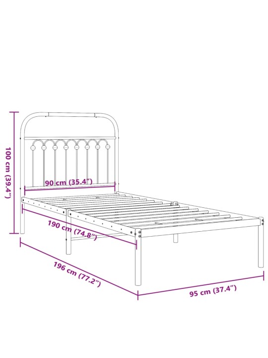 Metallinen sängynrunko päädyllä musta 90x190 cm