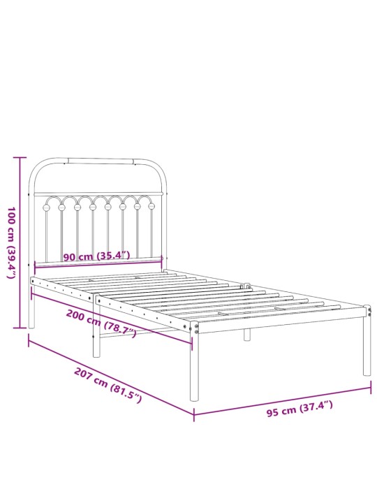 Metallinen sängynrunko päädyllä musta 90x200 cm