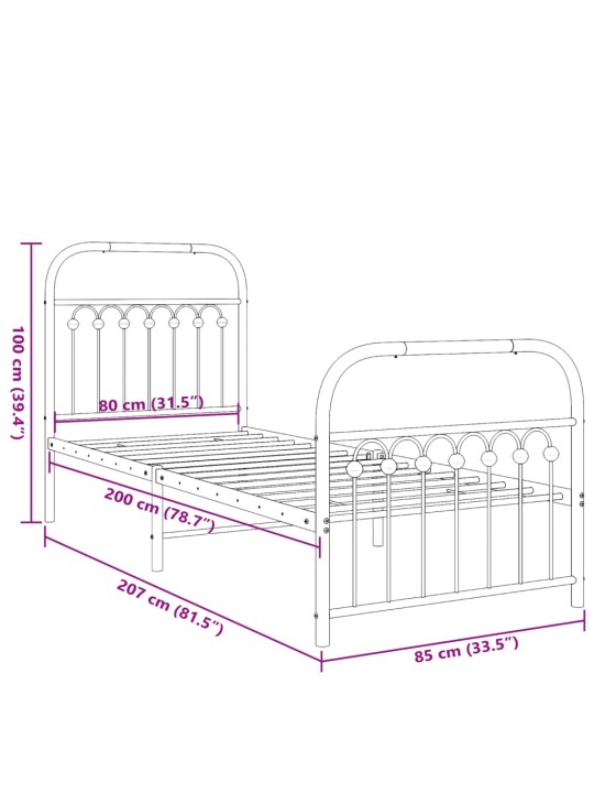 Metallinen sängynrunko päädyillä musta 80x200 cm
