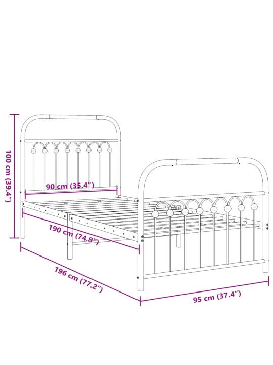 Metallinen sängynrunko päädyillä musta 90x190 cm