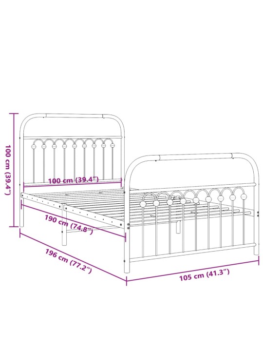 Metallinen sängynrunko päädyillä musta 100x190 cm