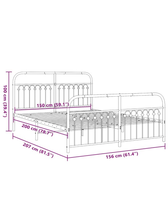 Metallinen sängynrunko päädyillä musta 150x200 cm