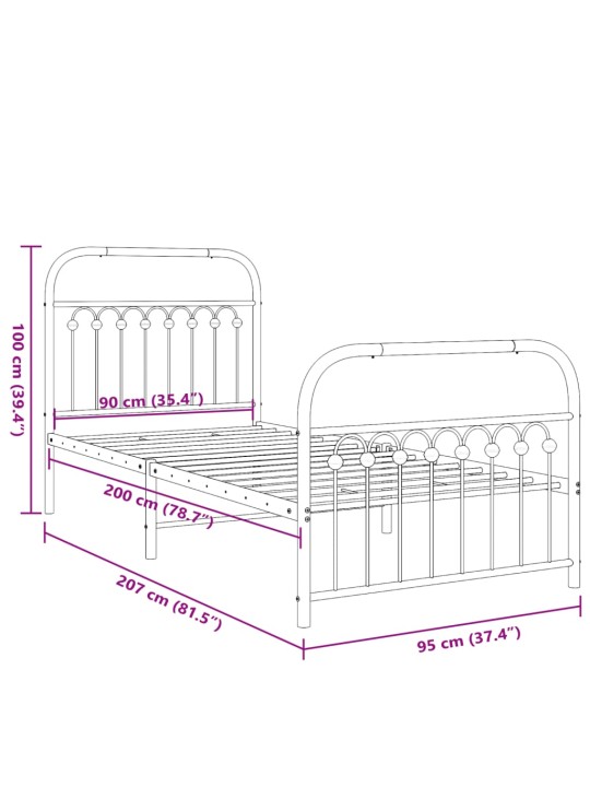 Metallinen sängynrunko päädyillä valkoinen 90x200 cm