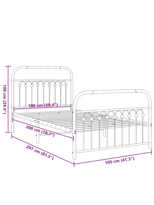 Metallinen sängynrunko päädyillä valkoinen 100x200 cm